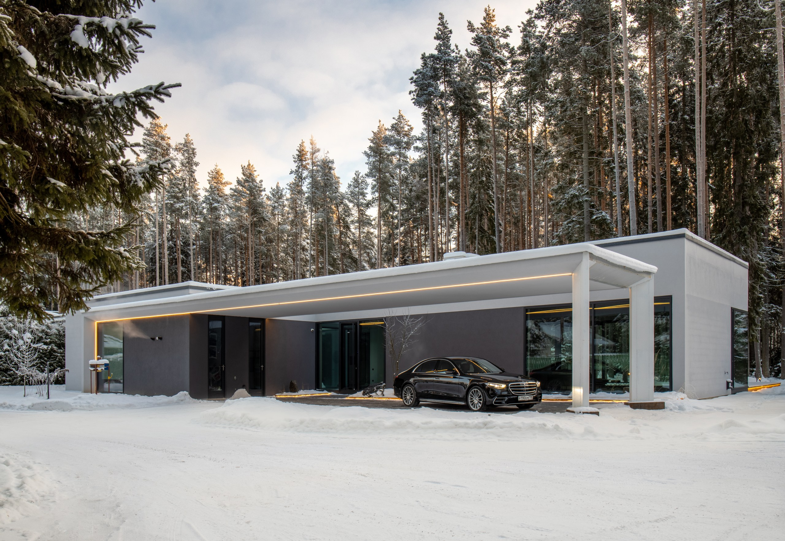 Одноэтажный камерный дом в сосновом лесу